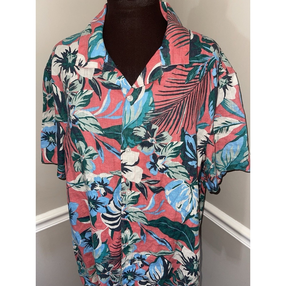 C&C California Linen Hawaiian Camp Shirt Tropical Mens XL Coral Pink Floral - Picture 2 of 4